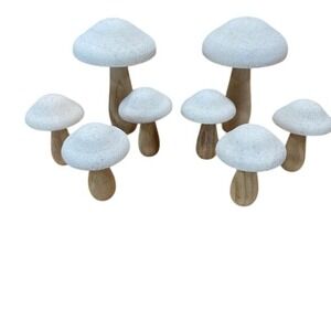 Set of White Glitter Mushroom Figurines Wood Stems Decorative Accents Boho Retro